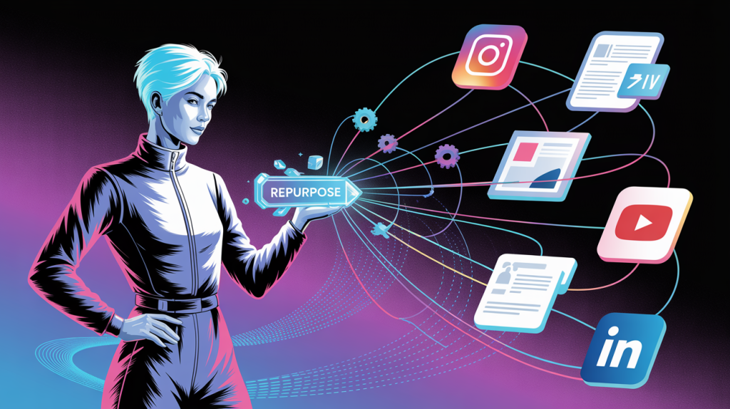 An illustration of a figure using a tool to transform tangled wires into a clear network of content, representing a guide to repurposing content.