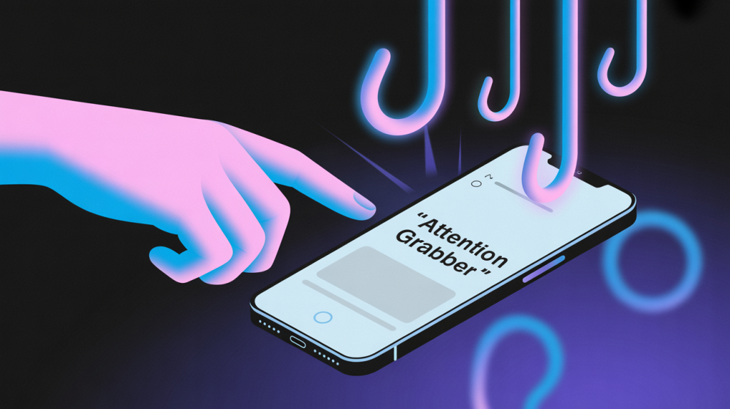An illustration of a hand being stopped from scrolling by a series of glowing hooks on a smartphone screen, representing viral storytelling hooks.