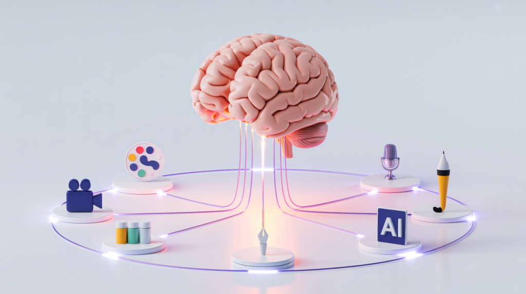 An illustration of a brain connected by glowing lines to various content creation icons, representing AI tools for content creation.
