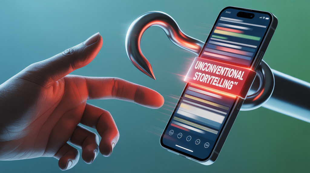 An illustration of a hand being stopped from scrolling by a powerful, negative hook on a smartphone screen, representing a guide to unconventional storytelling.