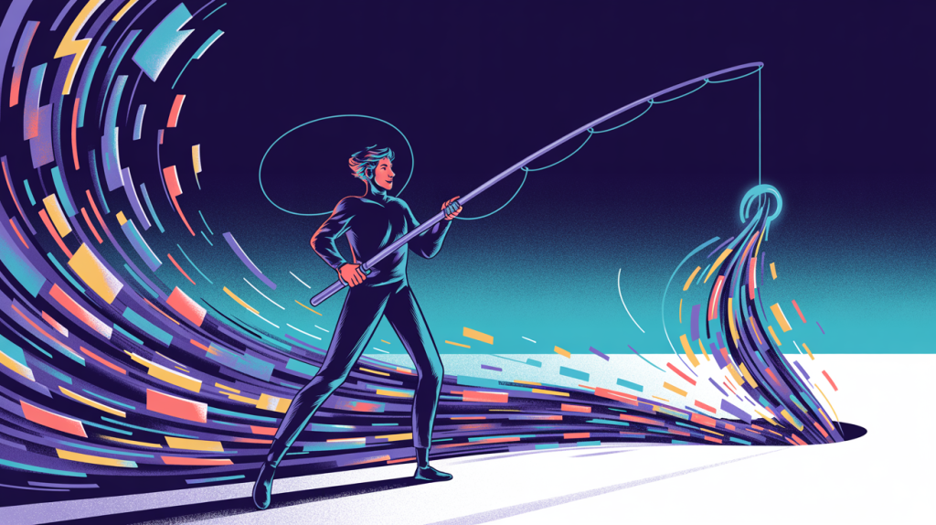 An illustration of a figure with a fishing rod, using a glowing hook to pull figures from a scrolling stream of content, representing a guide to viral hooks for growth.