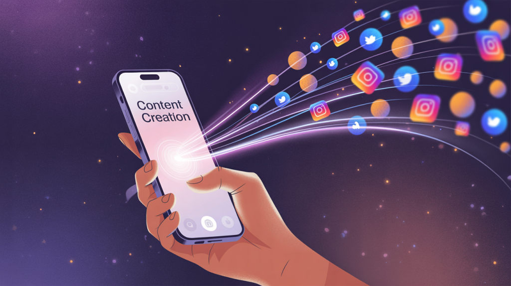 An illustration of a hand holding a smartphone, with glowing lines flowing from the screen to stop chaotic icons, representing the creation of scroll-stopping content.