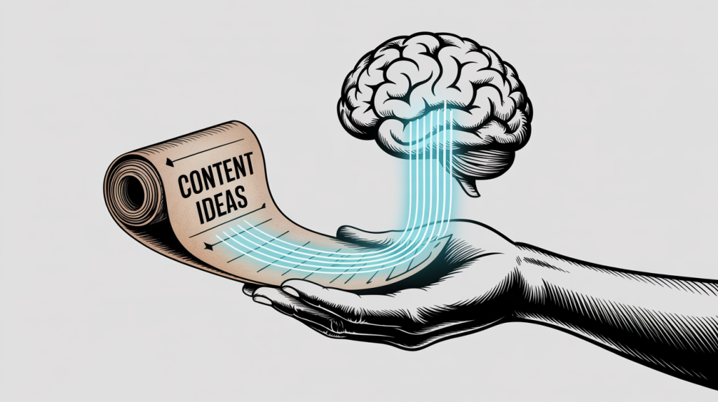 An illustration of a hand holding a roadmap of content ideas, with glowing lines flowing into a blank brain, representing a solution to content block.