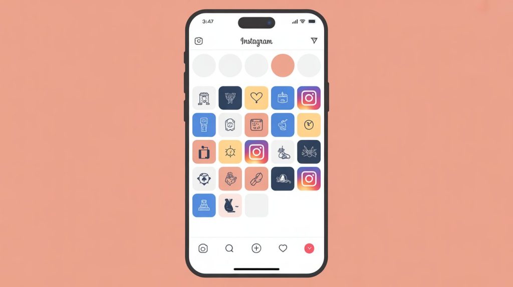 An illustration of a 31-day calendar on a smartphone screen, with different icons on each day representing a new Instagram content idea.