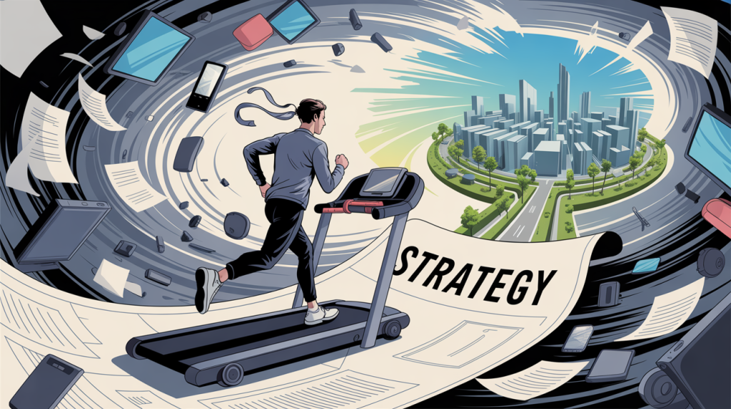An illustration of a figure on a treadmill surrounded by chaos, with a blueprint unrolling in front of them leading to an organized city, representing a shift from aimless content creation to a strategic approach.