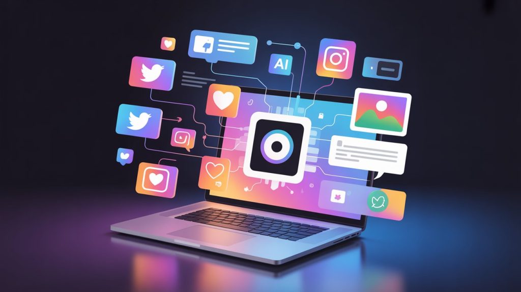 A digital illustration showing a laptop with ChatGPT, from which social media icons and content elements are being generated, representing AI's role in modern marketing.