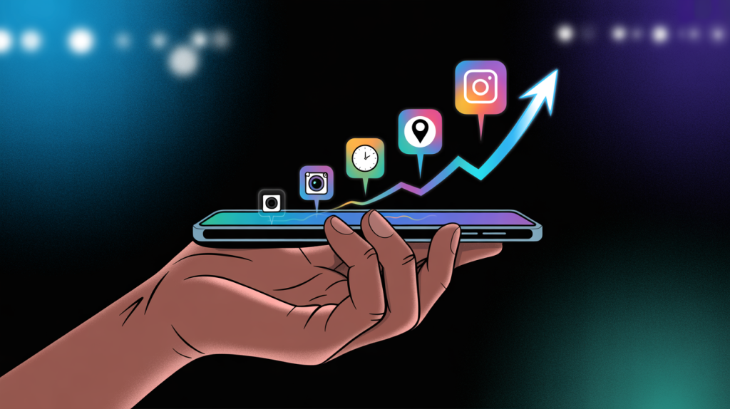 An illustration of a hand holding a smartphone, with glowing settings icons flowing from the screen to a rising graph and a follower icon, representing how to optimize settings for instant growth.