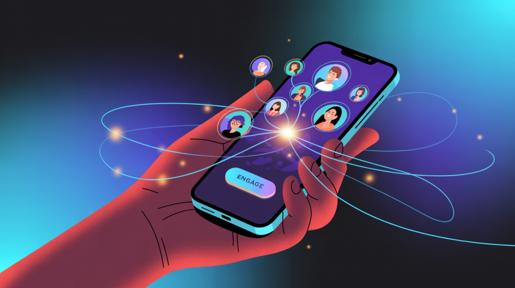 An illustration of a hand holding a smartphone with a prominent "Engage" button, with glowing lines connecting different avatars on the screen, representing how daily engagement leads to organic growth.