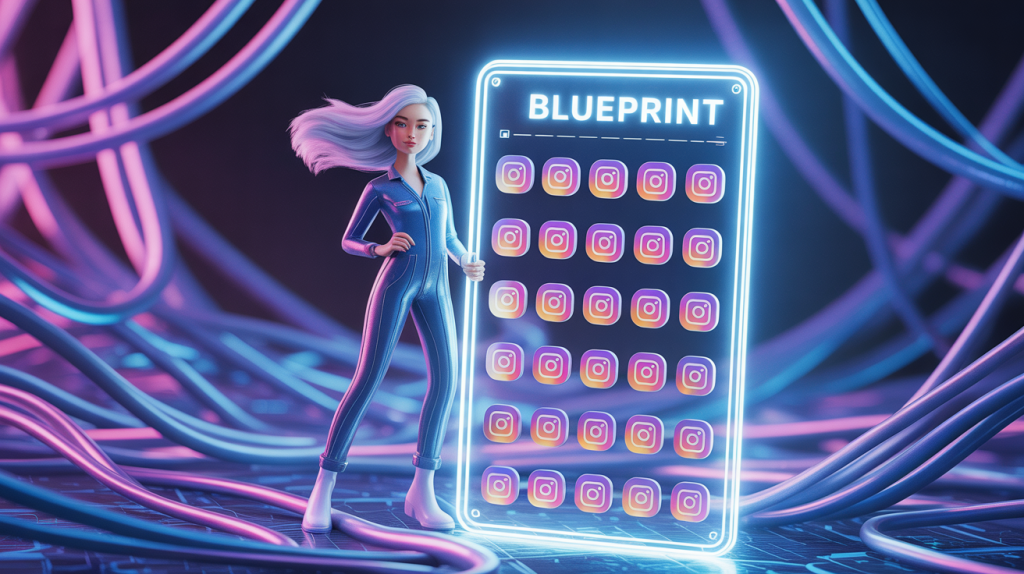 An illustration of a figure holding a blueprint with 60 icons, navigating a digital landscape, representing a guide to Instagram growth strategies.