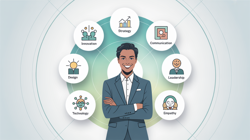 An illustration of a circular infographic with seven icons representing powerful creator skills, with a person in the center, representing mastery.