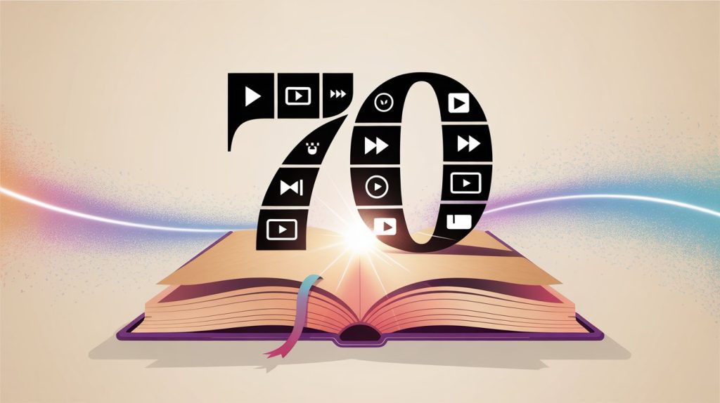 An illustration of a stylized, open book with various video icons and the number 70 on the cover, representing a large collection of video ideas.