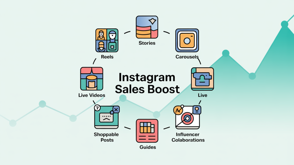 An illustration of a circular infographic with eight icons representing different types of content that drive sales on Instagram, with a rising line graph in the background.