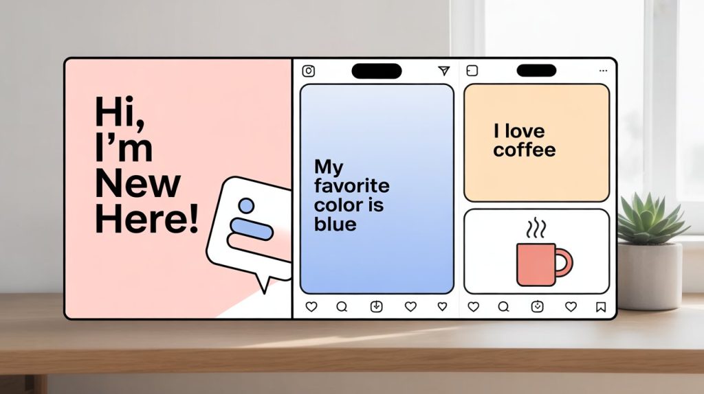 An illustration of a multi-slide Instagram carousel post with bold text saying "Hi, I'm New Here!" and other slides answering questions about the creator.