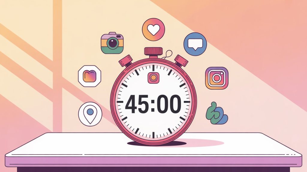 An illustration of a 45-minute timer surrounded by Instagram icons, representing a focused daily routine for consistent growth.