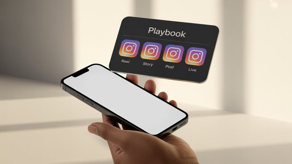 An illustration of a blank smartphone screen with a person holding a playbook that has four icons for different Instagram content formats, representing a solution for content ideas.