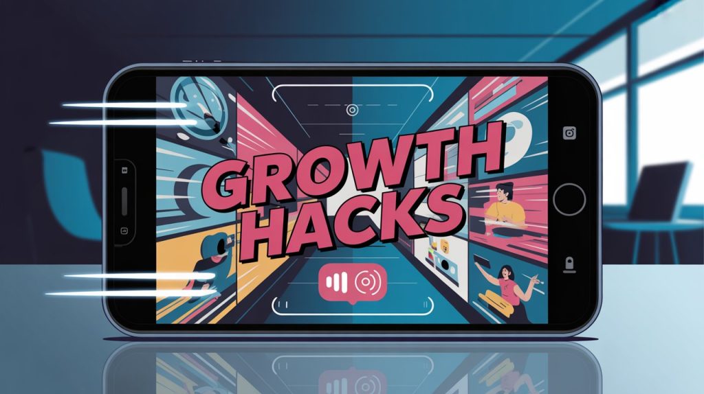 An illustration of a fast-paced Instagram Reel on a smartphone with bold text overlays and a trending audio icon, representing a powerful tool for growth.