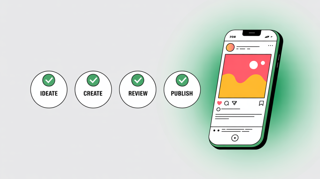 An illustration of a four-step content creation workflow with checkmarks, leading to a finished social media post, representing a fail-proof system.