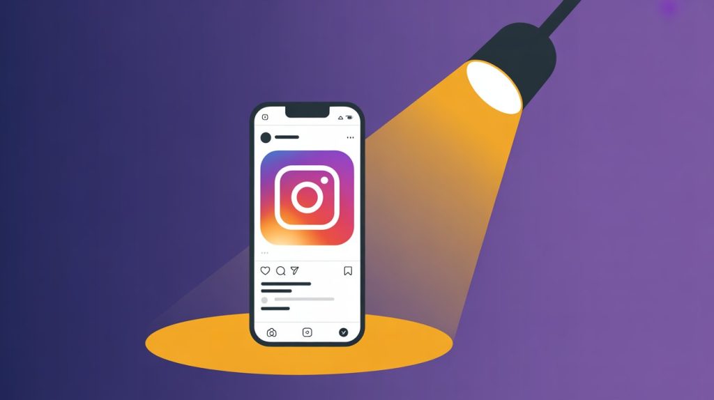 An illustration of a smartphone with an Instagram profile being illuminated by a spotlight, representing a guide to getting discovered on the platform.