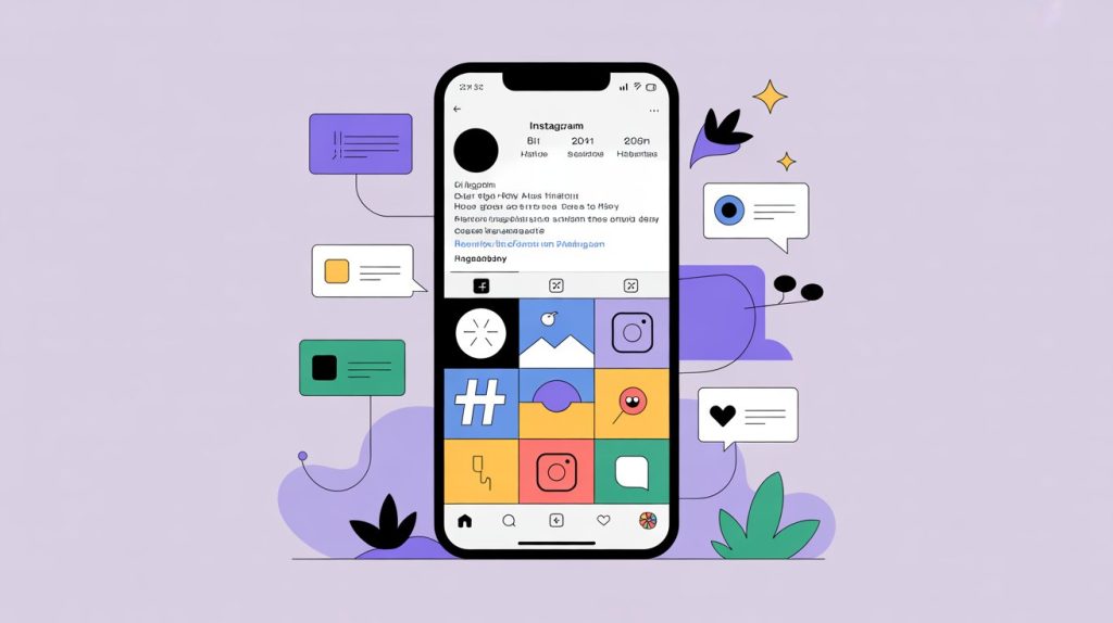 An illustration of a smartphone screen showing an Instagram profile with key areas like the bio and hashtags highlighted, representing a guide to Instagram growth.