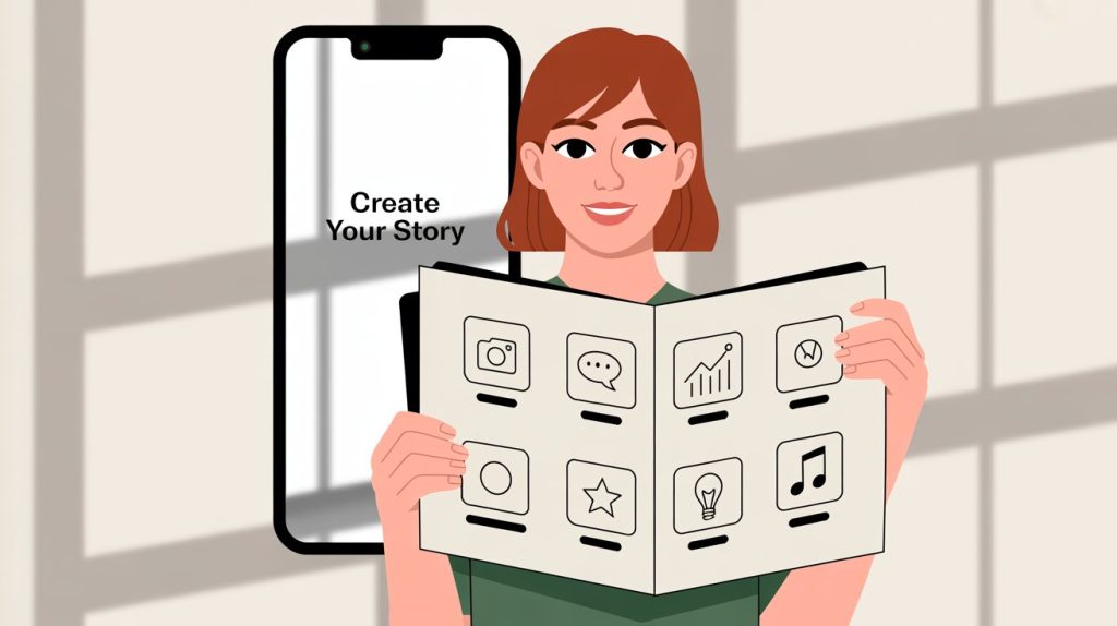 An illustration of a blank Instagram Story on a smartphone, with a person holding a playbook that has six icons, representing a solution for content ideas.