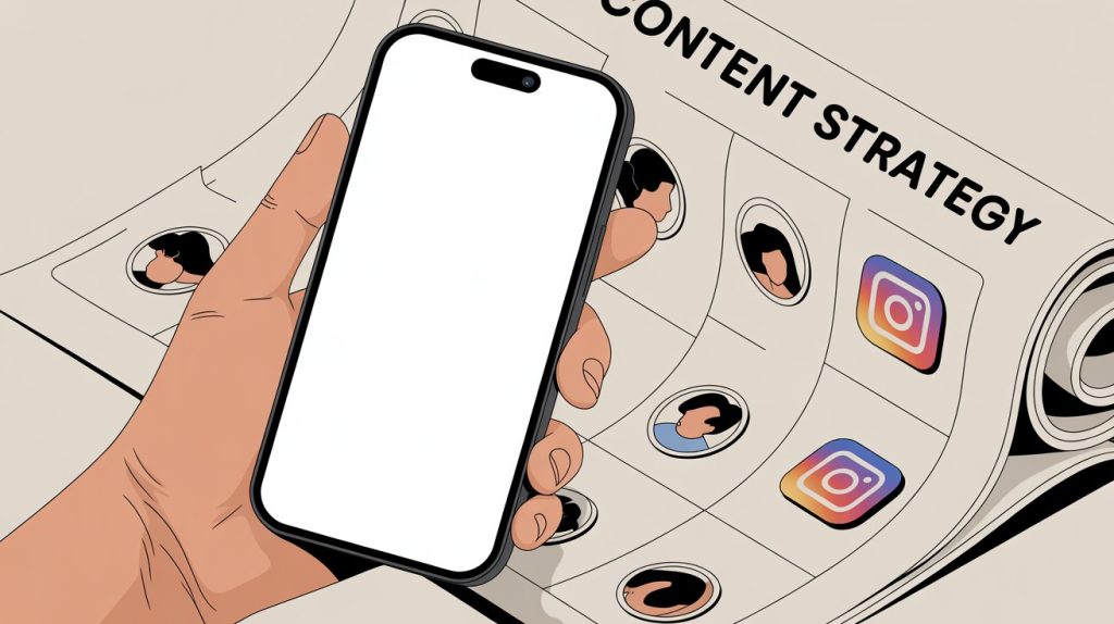 An illustration of a blank smartphone screen with a person holding a roadmap that has icons for different Instagram content formats, representing a strategic solution for content ideas.