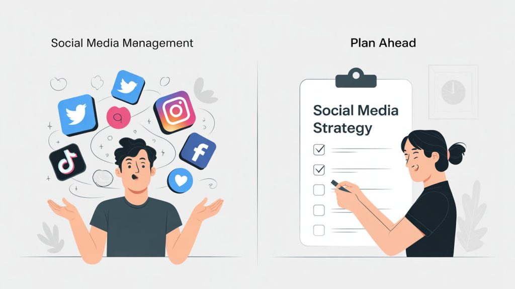 An illustration contrasting a stressed person juggling social media icons with a calm person using an organized checklist, representing a simplified strategy for managing social media.