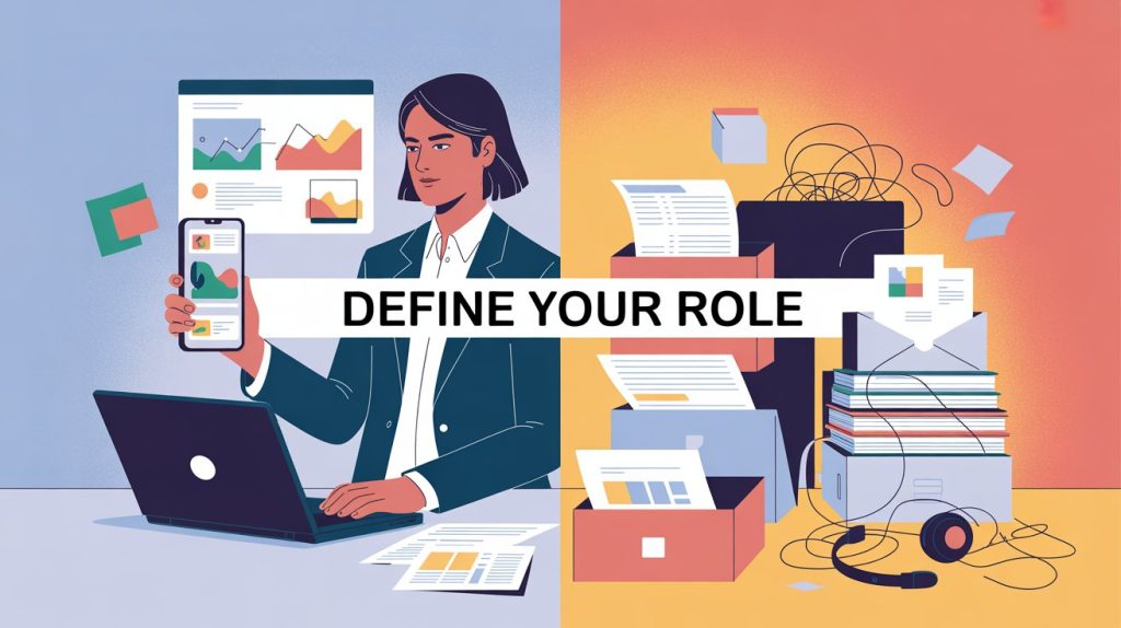 An illustration with a split screen. One side shows a social media manager expertly handling various tasks, while the other side shows them overwhelmed by tasks outside their role, visually representing the boundaries of their job.