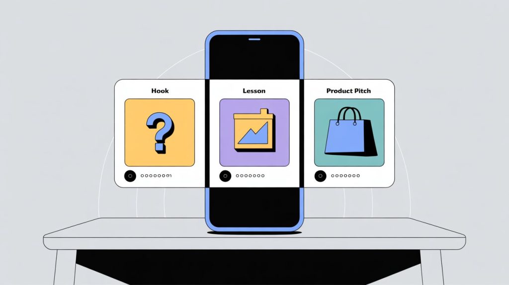 An illustration of a three-panel storyboard on a smartphone, showing the structure of an educational Instagram Reel with a hook, a lesson, and a product pitch.