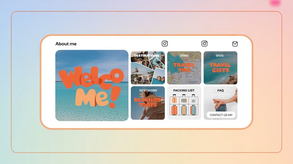 An illustration of an Instagram profile's "About Me" highlight, with a series of branded Story slides appearing to show the content inside.