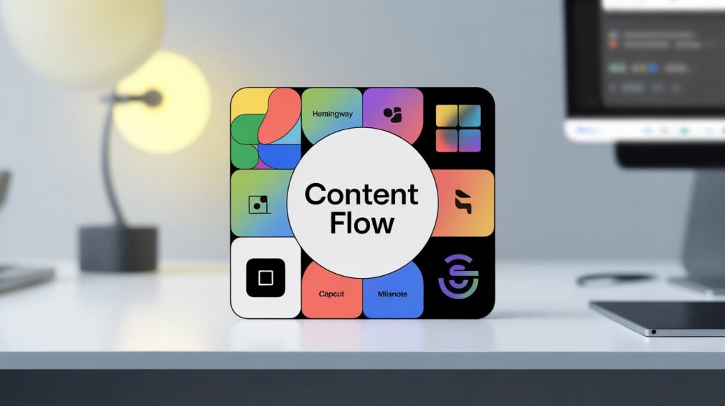An illustration of a modern toolkit with icons of various apps like Hemingway, CapCut, and Milanote, representing a strategic collection of tools for content creation.