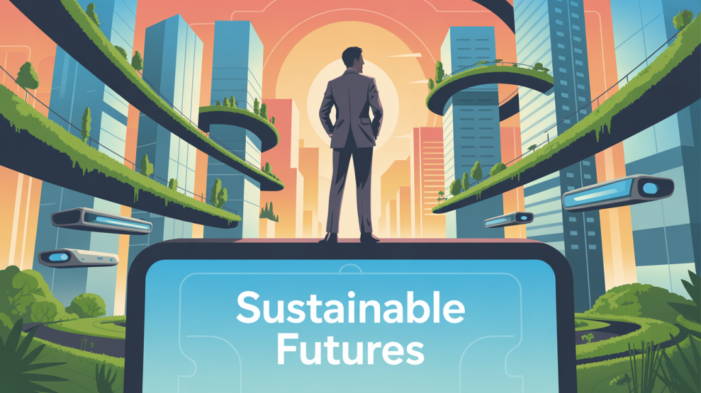 An illustration of a thriving, organized digital city with a confident figure in the foreground, representing the result of a sustainable growth strategy.