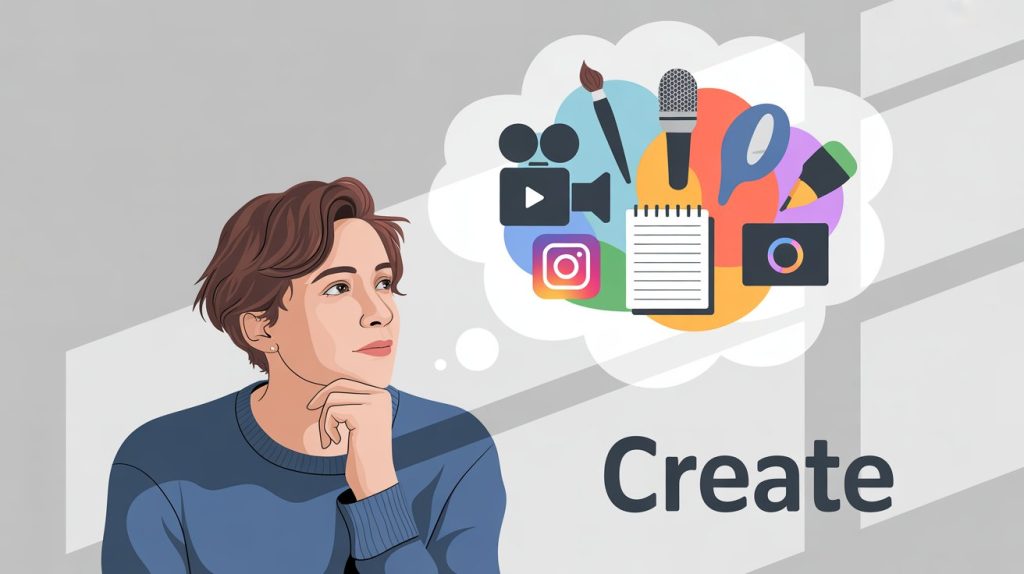 An illustration of a person with a blank thought bubble being filled with icons representing different content idea tools, symbolizing a solution to creator's block.