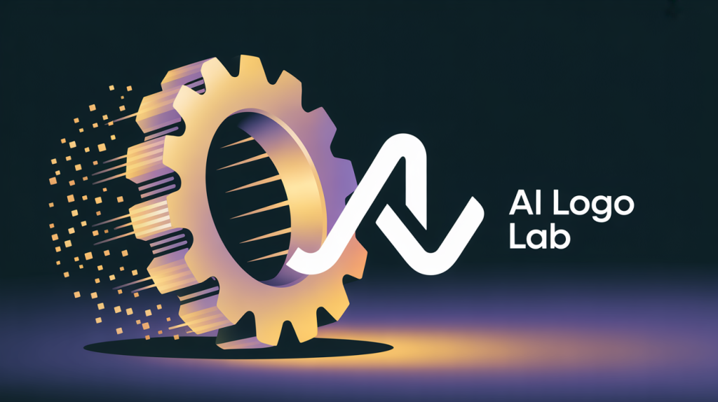 An illustration of a logo icon being transformed into various forms by a glowing gear, representing AI logo generator tools.