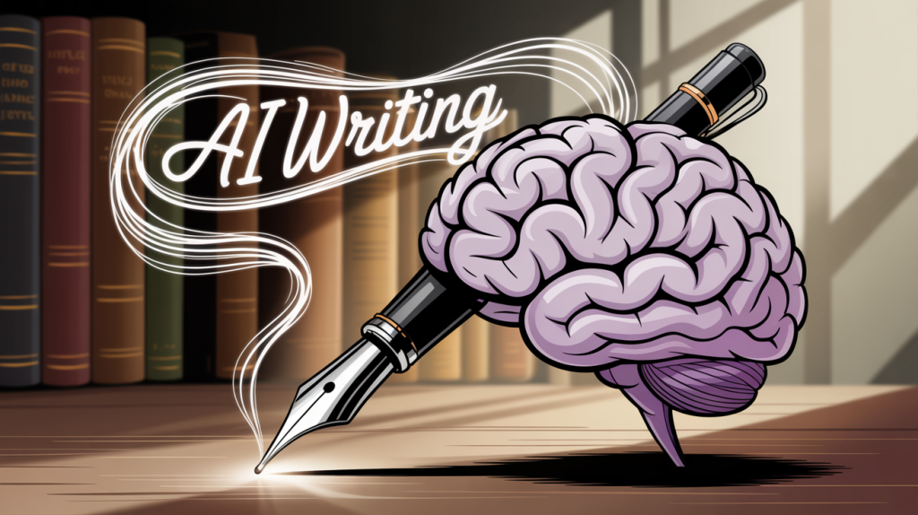 An illustration of a brain connected to a fountain pen, with words flowing from the pen, representing AI writing tools.