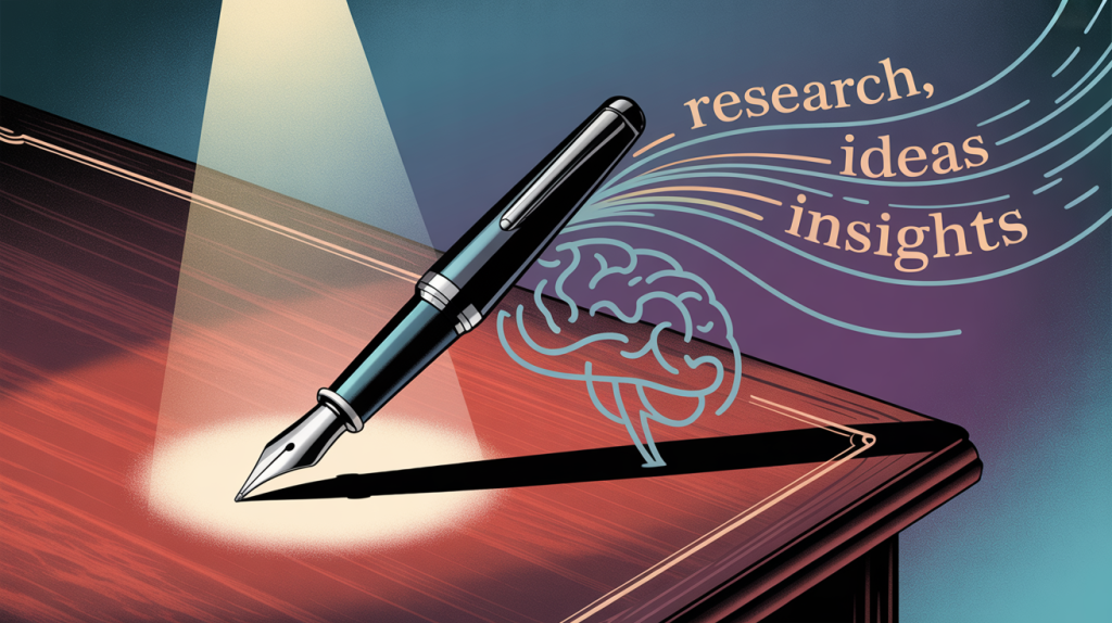 An illustration of a pen with a brain icon next to it and lines of text flowing out, representing AI tools for copywriting and research.