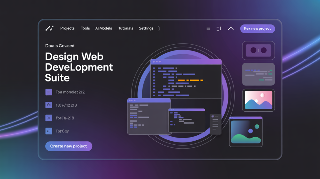 An illustration of a computer screen with interfaces for web development and image generation, powered by an AI chip, representing AI tools for design and web development.