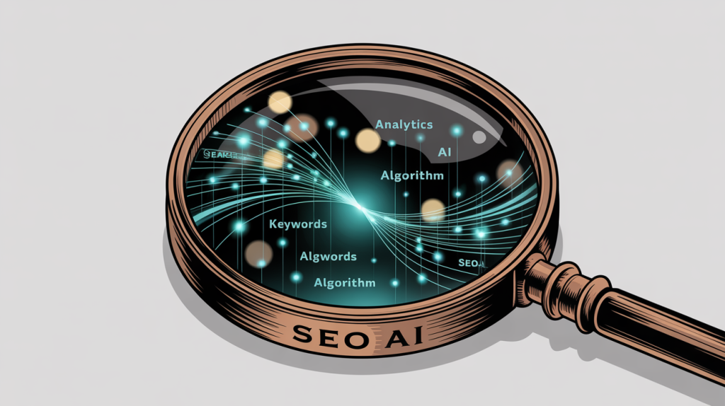 An illustration of a magnifying glass with keywords and data points flowing into it, representing AI tools for search engine optimization.