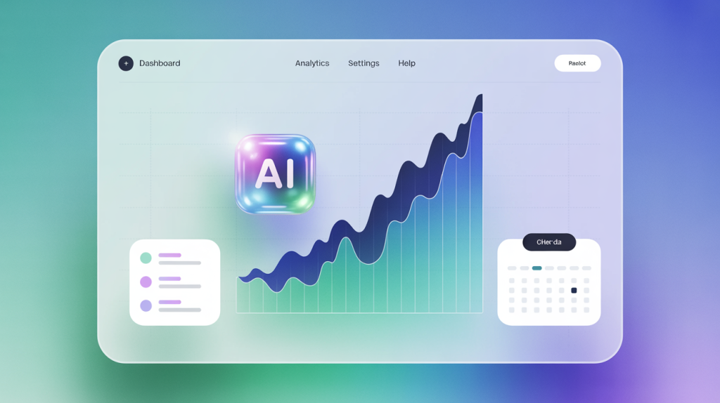An illustration of a dashboard with a growth graph, a checklist, and a calendar, with a glowing AI icon, representing AI tools for business and productivity.