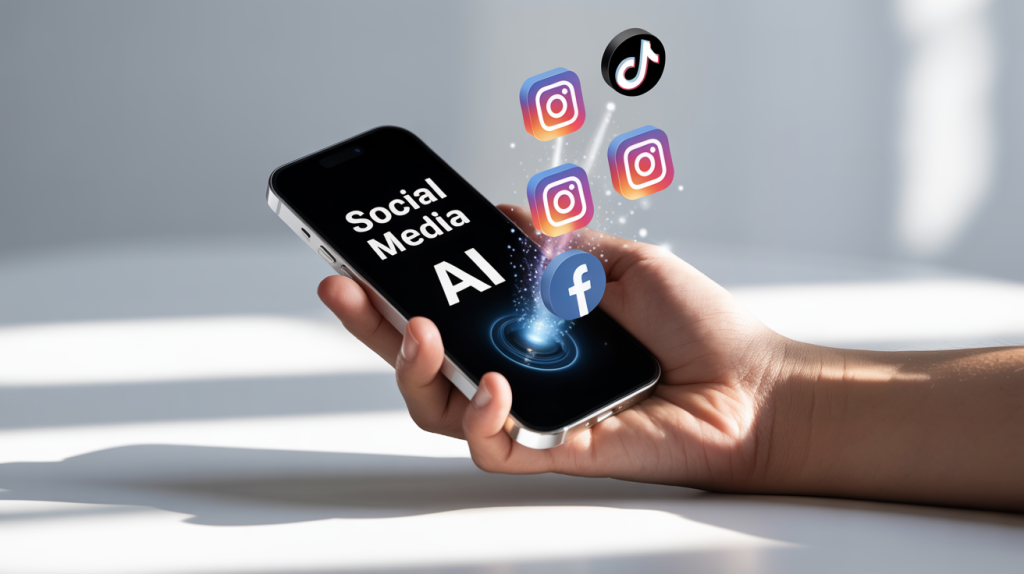 An illustration of a hand holding a smartphone with social media icons emerging from the screen, representing AI tools for social media management.
