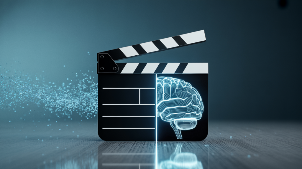 An illustration of a film clapperboard connected to a brain icon, representing AI tools for video creation.