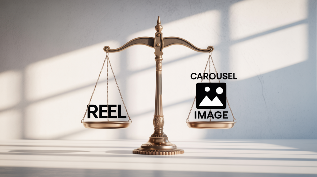 An illustration of a balanced scale with a "Reel" icon on one side and a "Carousel" and "Image" icon on the other, representing that all content formats are now equal.