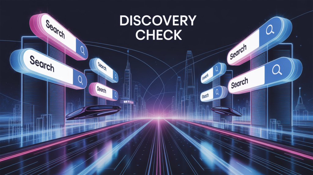 An illustration of a digital city with glowing search bars containing a brand's logo, representing the discovery check.