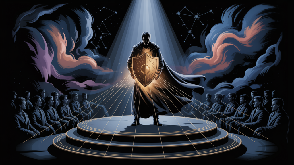 An illustration of a figure on a stage holding a glowing shield, with lines flowing to a crowd of other figures, representing the act of building credibility.