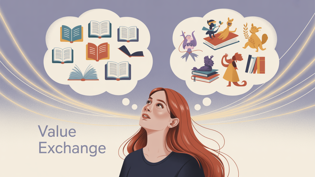 An illustration of a figure with thought bubbles full of icons for a textbook and a storybook, representing the value exchange of social media.