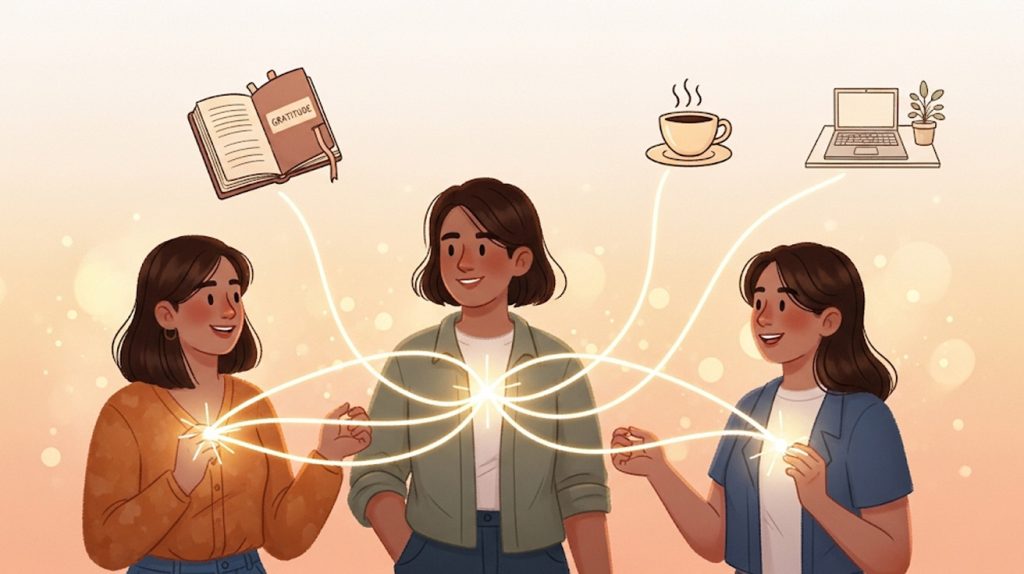 An illustration of people connected by lines, with icons for gratitude, coffee, and a workspace, representing how authentic stories build a community.