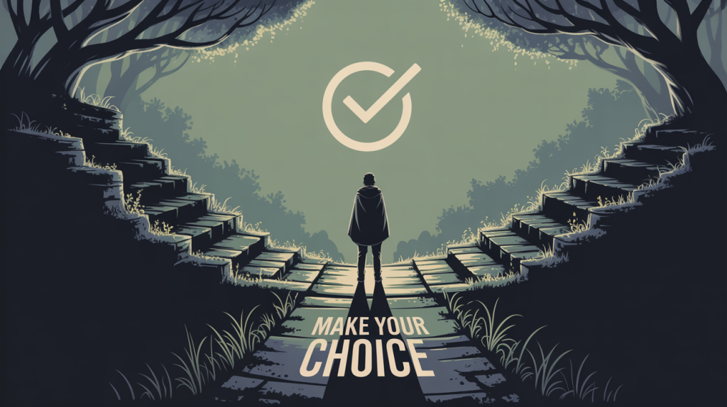 An illustration of a figure at a fork in the road, with one path leading to a dead end and the other leading to a clear, glowing icon for an authority statement or a CTA, representing the final choice of a bio.
