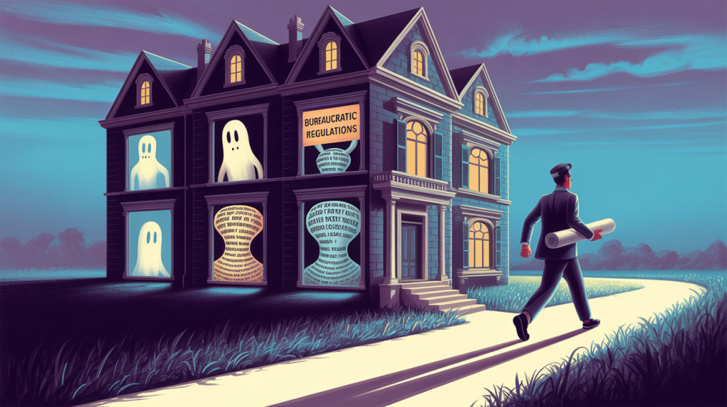 An illustration of a figure confidently walking past a haunted mansion with windows showing scary carousel mistakes, representing a guide to avoiding common mistakes.