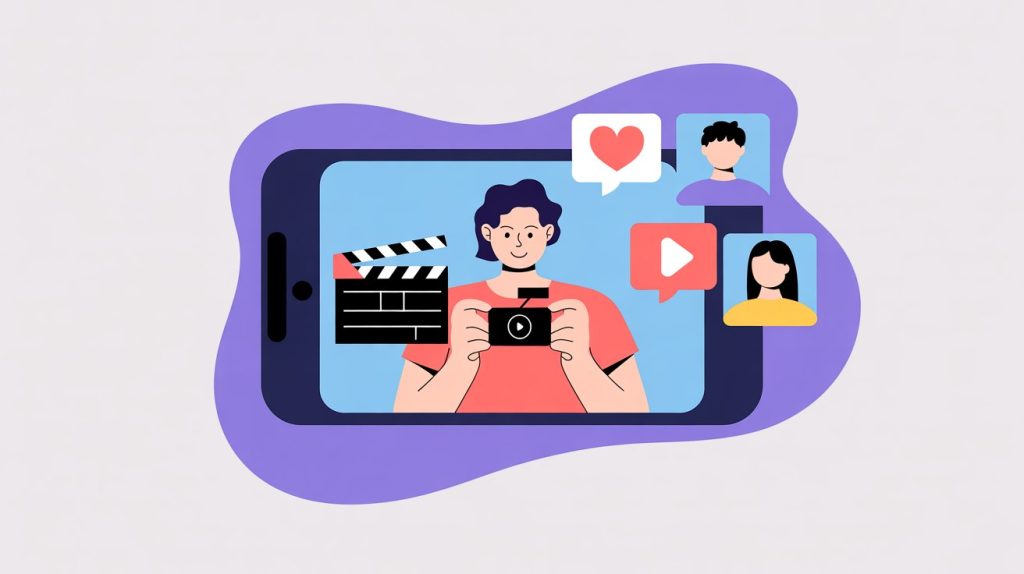 An illustration of a smartphone screen showing a person filming, with a clapperboard and icons for a heart and a person's face, representing behind-the-scenes video content.