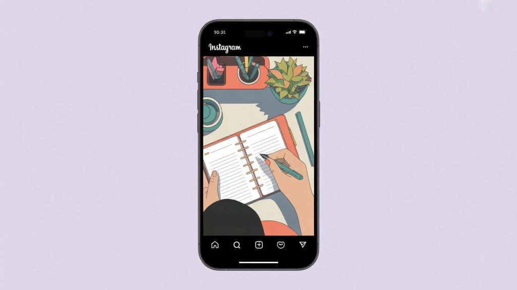 An illustration of a smartphone screen playing an Instagram Reel with a time-lapse of a person writing in a planner and organizing a desk, representing B-roll of preparation.