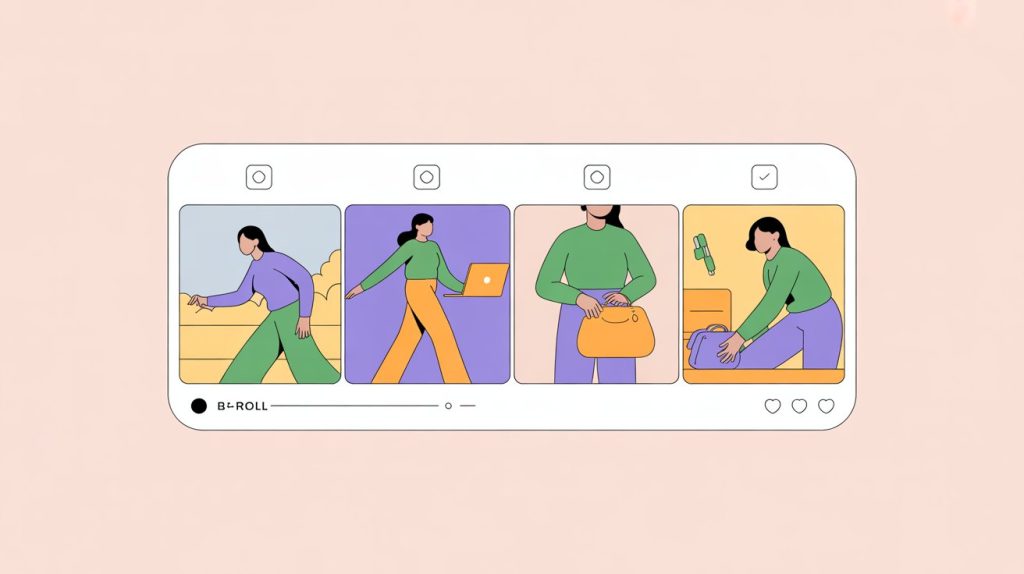 An illustration of a smartphone screen playing an Instagram Reel with clips showing a person walking with a laptop and packing a handbag, representing B-roll of routines and transitions.